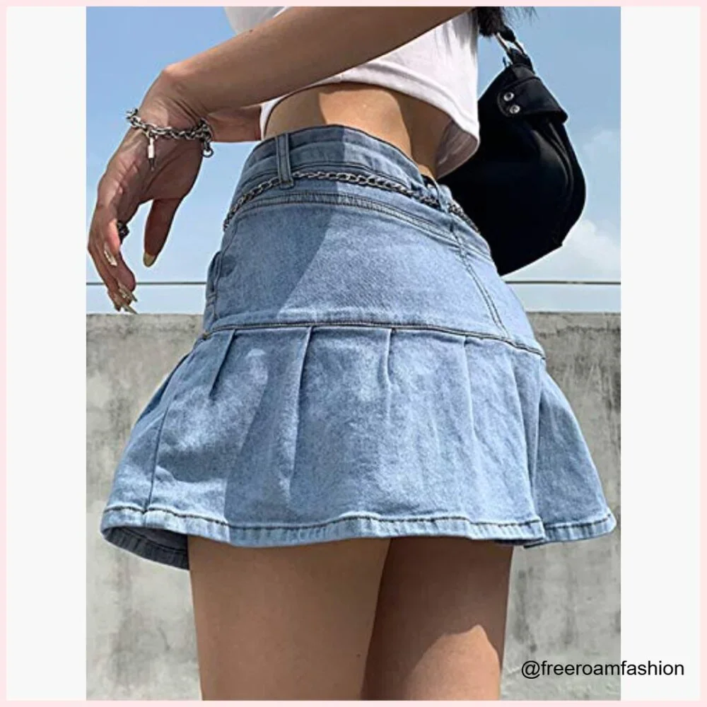 Low Waist Denim Skort with Built-in Shorts, A-line Ruffle Pleated Mini